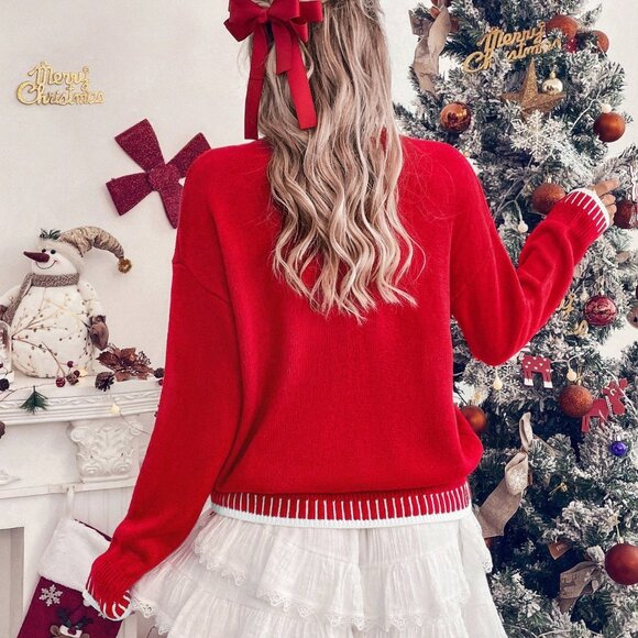 Red Casual Women's Christmas Pattern Knit Pullover Sweater - Picture 2 of 7